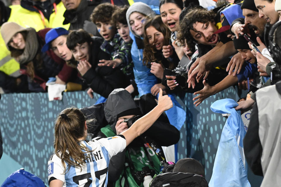 Argentina's Estefania Banini gestures to supporters following the Women's World Cup Group G soccer match between Argentina and Sweden in Hamilton, New Zealand, Wednesday, Aug. 2, 2023. (AP Photo/Andrew Cornaga)