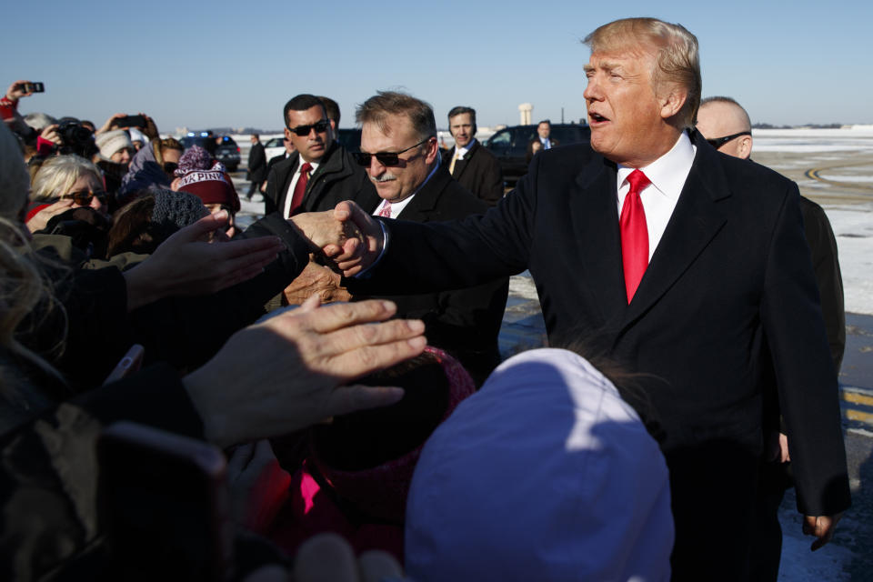 President Donald Trump greets supporters in Pittsburgh in January 2018. Trump's promises to reverse trade-related job losses contributed to his 2016 election appeal in industrial states. (Evan Vucci/ASSOCIATED PRESS)