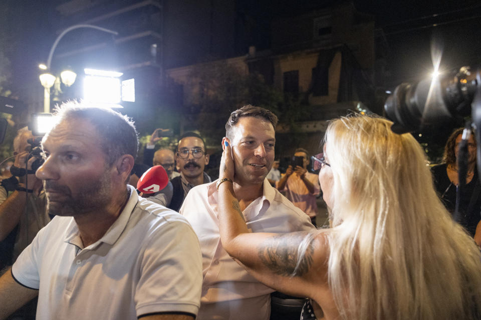 Stefanos Kasselakis, newly elected leader of main opposition party Syriza, arrives at the party's headquarters in Athens, Greece, Monday, Sept. 25, 2023, after a runoff election for the left-wing bloc. (AP Photo/Yorgos Karahalis)