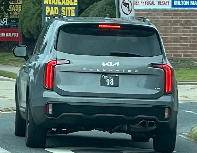 Not every vehicle with an ultra low-digit Delaware license plate is a luxury vehicle. No. 98 is found on a Kia Telluride.