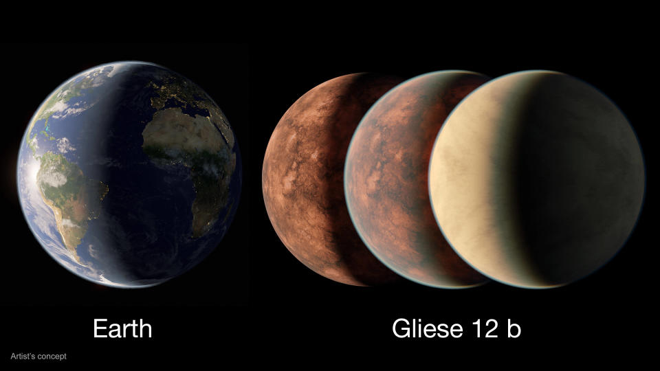 Illustration d’un artiste comparant Gliese12 b et la Terre en fonction de son type d’atmosphère