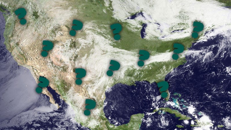 A photo of the USA from space covered in question marks. 