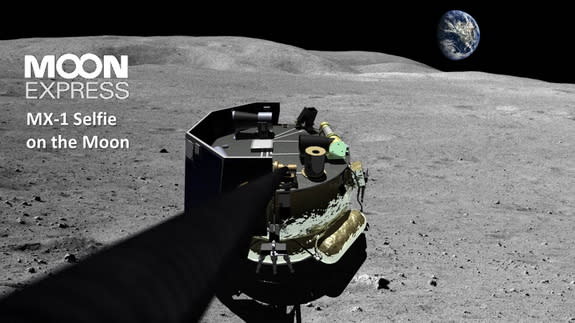 Artist's concept of Moon Express' MX-1 lander taking a "selfie" photo on the moon.