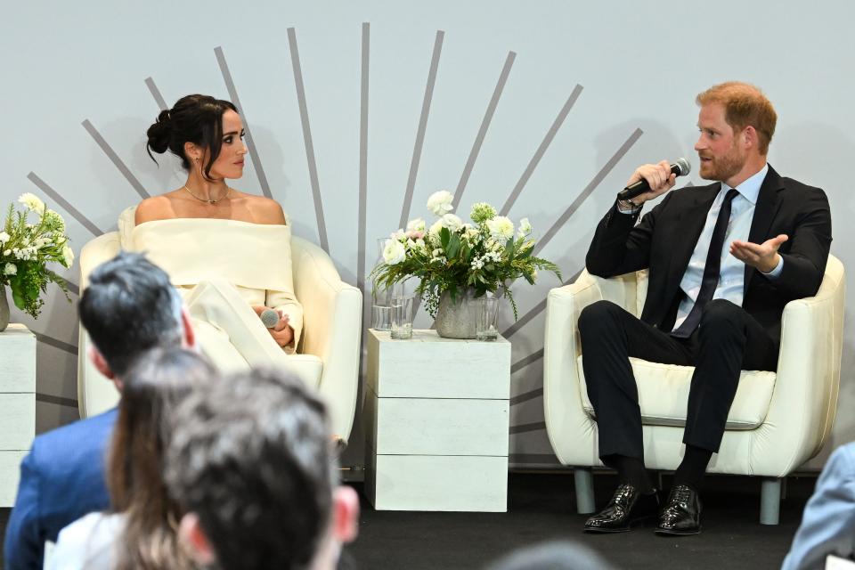 Meghan, Duchess of Sussex and Prince Harry, Duke and Duchess of Sussex, speak onstage at The Archewell Foundation Parents’ Summit: Mental Wellness in the Digital Age during Project Healthy Minds' World Mental Health Day Festival 2023 at Hudson Yards on Oct. 10, 2023 in New York City.