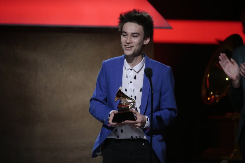 Jacob Collier wins at the 59th Grammy Awards pre-telecast show at the Microsoft Theater in Los Angeles.