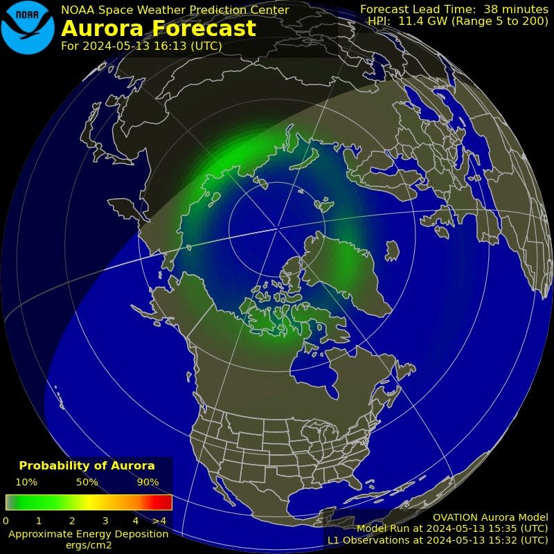 The latest graphic showing the current position of the northern lights.