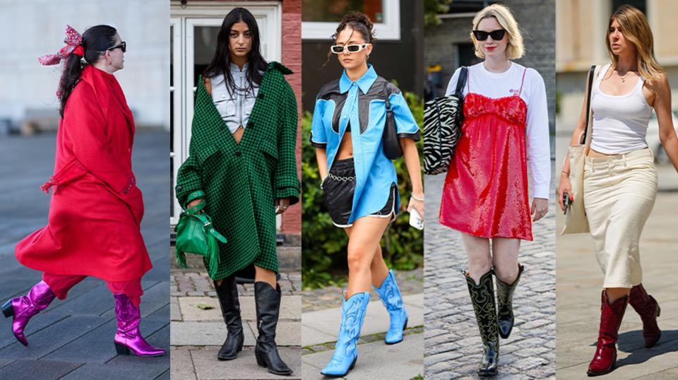 five woman are seen wearing different colors and styles of cowboy boots outside in the city