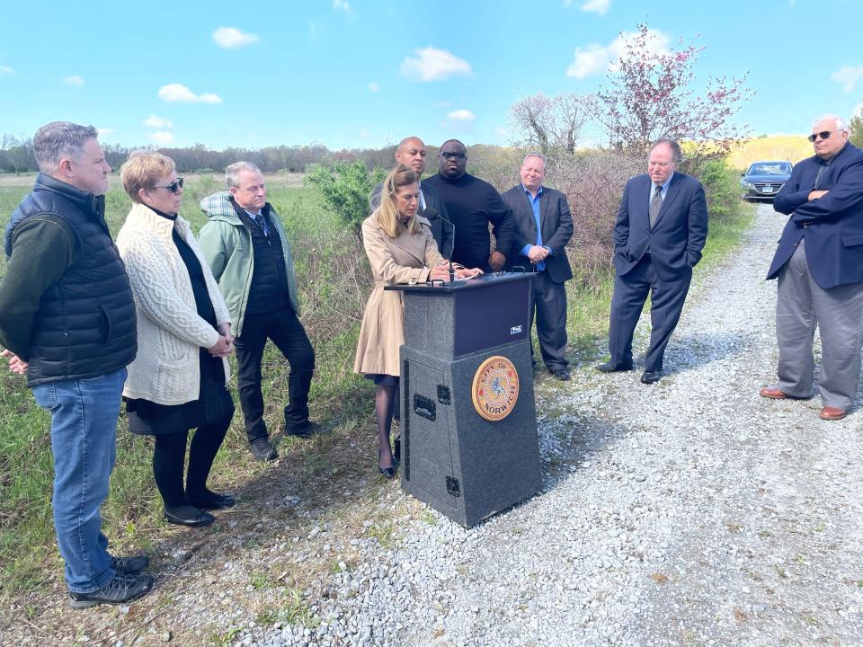 Lt. Gov. Susan Bysiewicz speaks as she is joined by other state and local leaders during a visit to the Business Park North site on Monday. It is expected to attract $300 million in private investment.