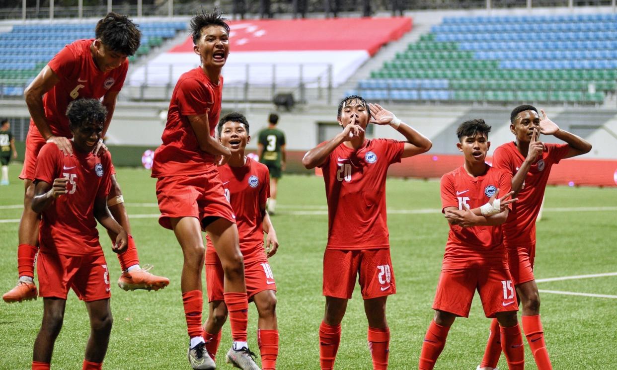 Singapore's U-15 team celebrate a goal by Nathan Mao (centre) at the Lion City Cup tournament. (PHOTO: Football Association of Singapore)