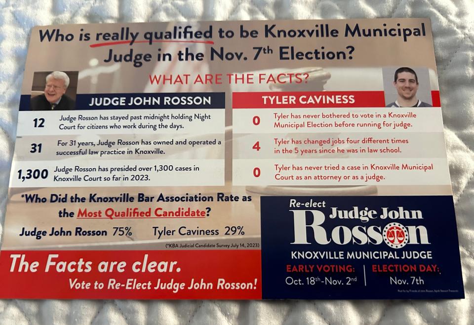 In the past two weeks, incumbent John Rosson Jr.'s campaign has sent out mailers highlighting differences between him and municipal judge opponent Tyler Caviness using information from a survey of the Knoxville Bar Association’s membership June 26-July 14 and Caviness’ voting record.