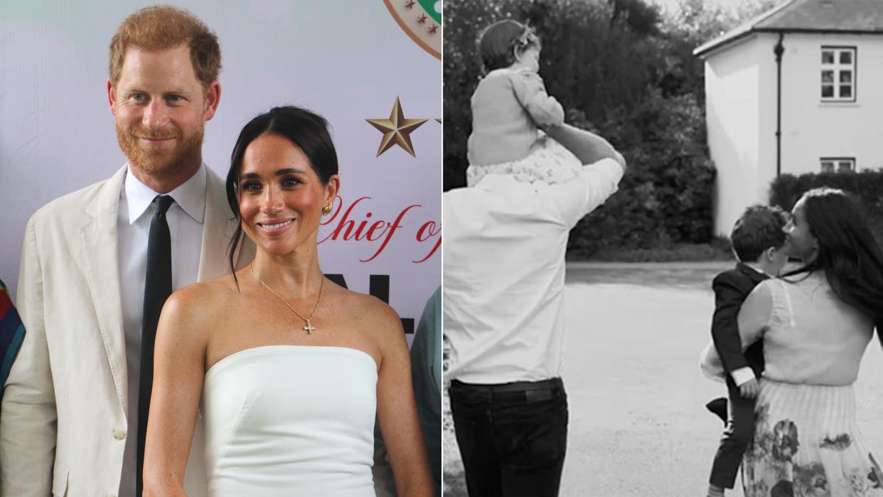 Harry and Meghan smiling together, and with their children, Archie and Lilibet