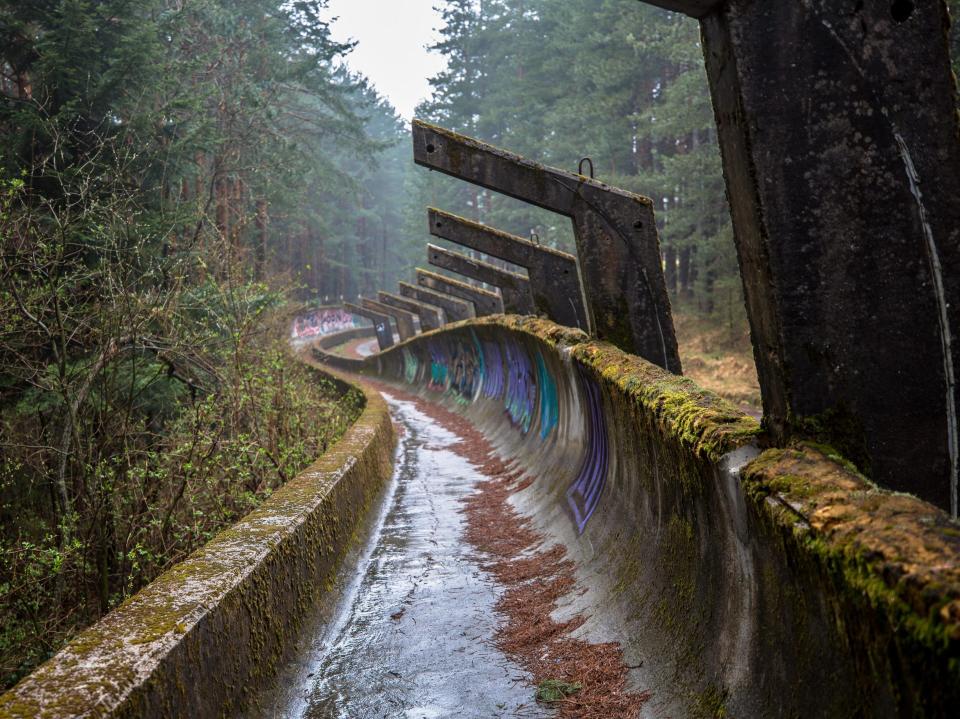 The broken down bobsled track at Mount Trebević.