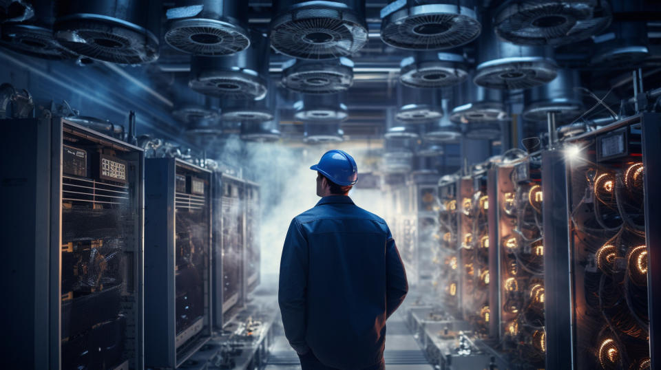 An engineer inspecting a HVAC system, revealing the complexity of the products.