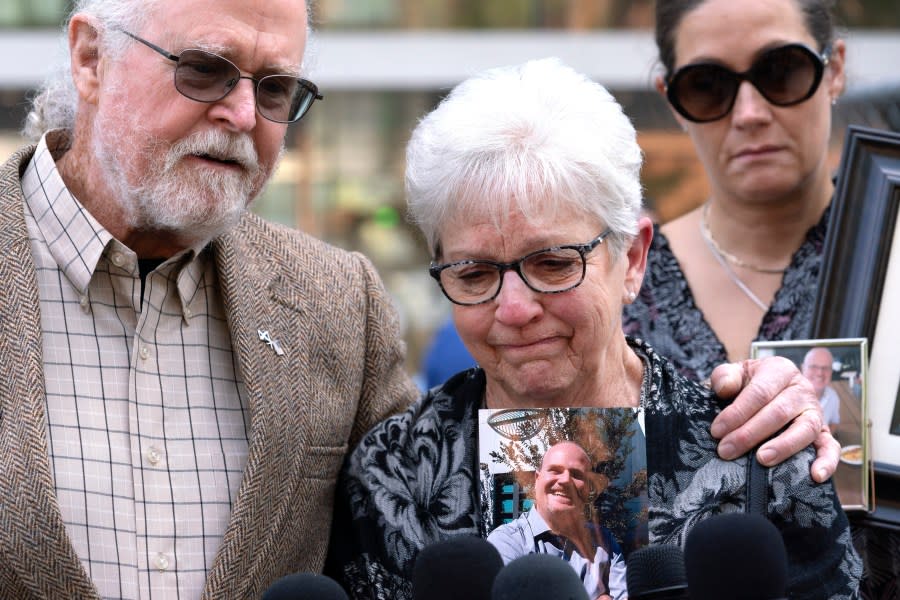 Kathleen and Clark Mcllvain whose son Charlie died in the dive boat fire breakdown while talking to the media in front of the U.S. Federal Building in downtown Los Angeles on Thursday, May 2, 2024. A federal judge on Thursday sentenced the scuba dive boat captain, Jerry Boylan to four years in prison and three years supervised release for criminal negligence after 34 people died in a fire aboard the vessel. (AP Photo/Richard Vogel)