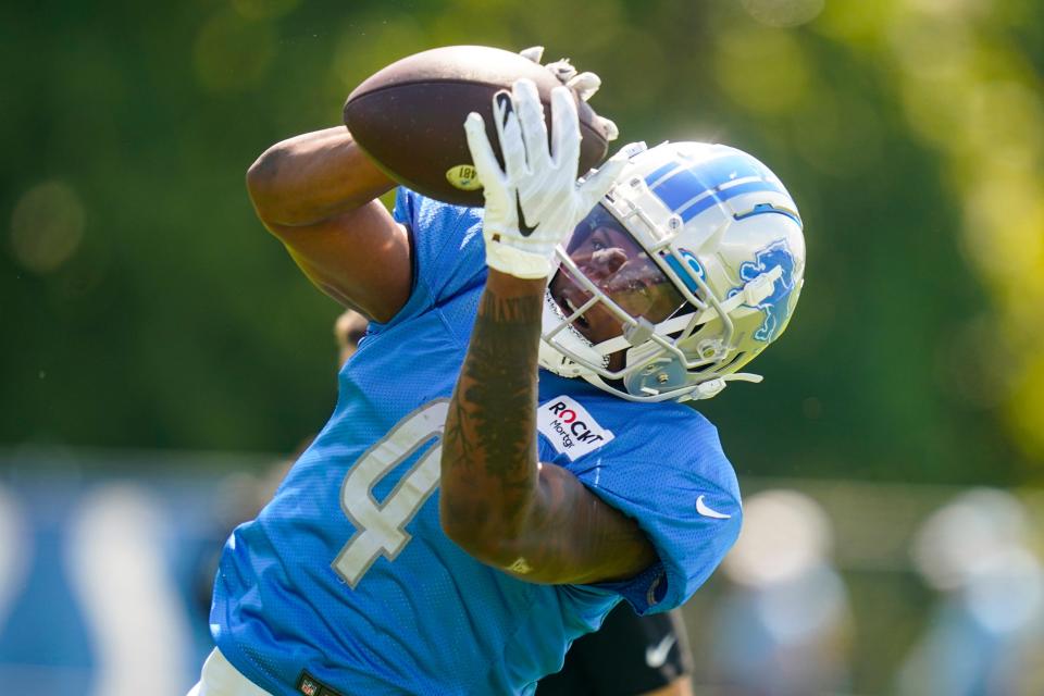 Detroit Lions wide receiver DJ Chark makes a catch during a joint practice with the Indianapolis Colts at NFL football training camp in Westfield, Ind., Thursday, Aug. 18, 2022.