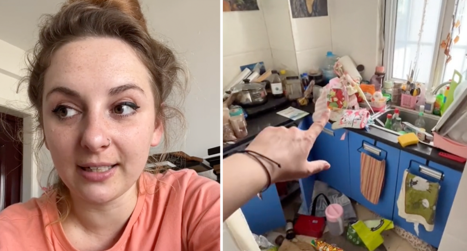 Expat Kali Wallace and an image of her messy kitchen, which she said she hadn't been in for four years. 