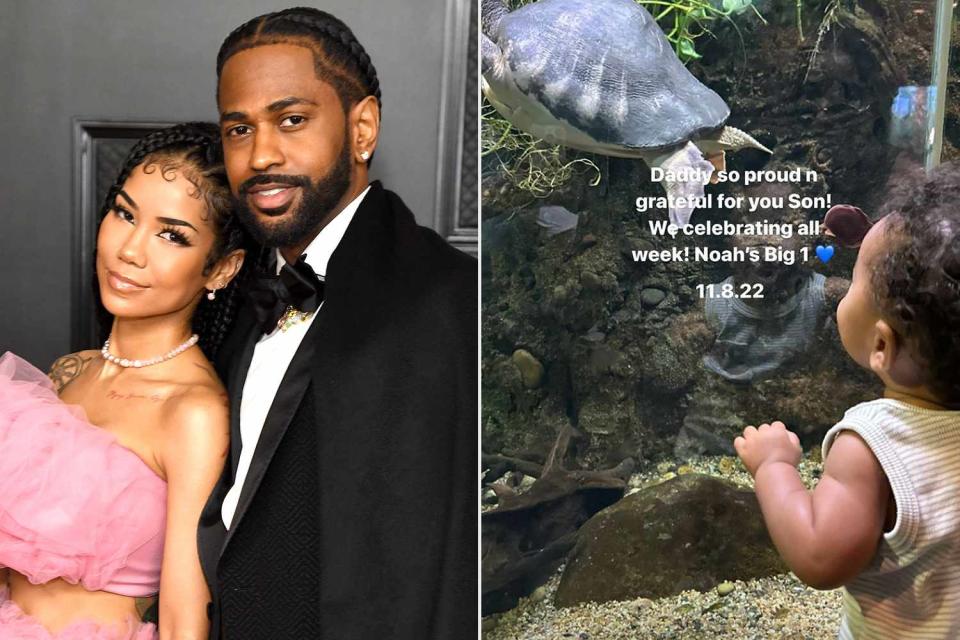 <p>Kevin Mazur/Getty Images; Jhene Aiko/Instagram</p> Jhené Aiko and Big Sean (L), Noah watches sea turtle swim (R)