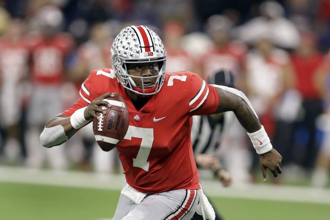 Ohio State quarterback Dwayne Haskins (7) looks to throw during the first half of the Big Ten championship NCAA college football game against Northwestern, in Indianapolis. Haskins was named offensive player of the year when The Associated Press All-Big Ten Conference team was released Wednesday, Dec. 5, 2018.