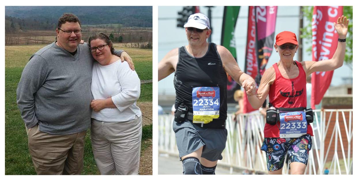 Before-and-after picture of Jerry and Julie Nidiffer, a couple that lost tons of weight.