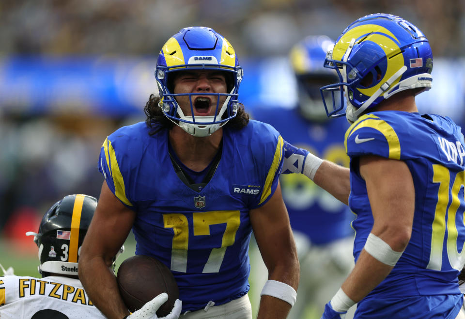 INGLEWOOD, CALIFORNIA - OCTOBER 22: Puka Nacua #17 of the Los Angeles Rams reacts to his play for a first down in front of Cooper Kupp #10 during a 24-17 loss to the Pittsburgh Steelers at SoFi Stadium on October 22, 2023 in Inglewood, California. (Photo by Harry How/Getty Images)