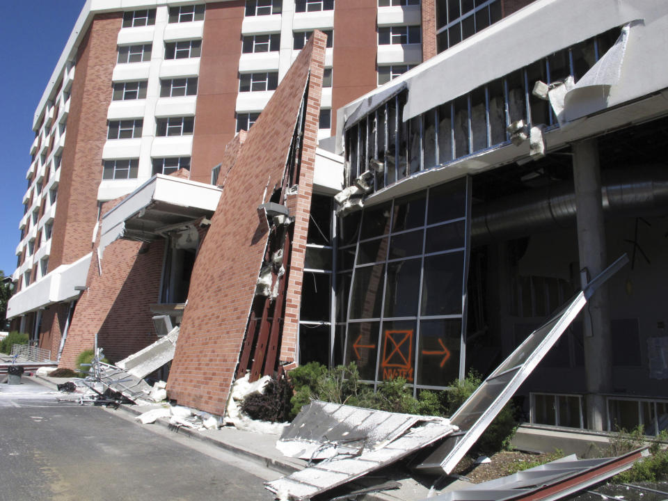 This photo taken July 11, 2019 shows damage caused by a natural gas explosion at Argenta Hall on the campus of the University of Nevada, Reno. That dormitory and the neighboring Nye Hall we be closed all school year so roughly 1,300 students are living in a Circus Circus casino hotel tower downtown about a half-mile away. (AP Photo/Scott Sonner)