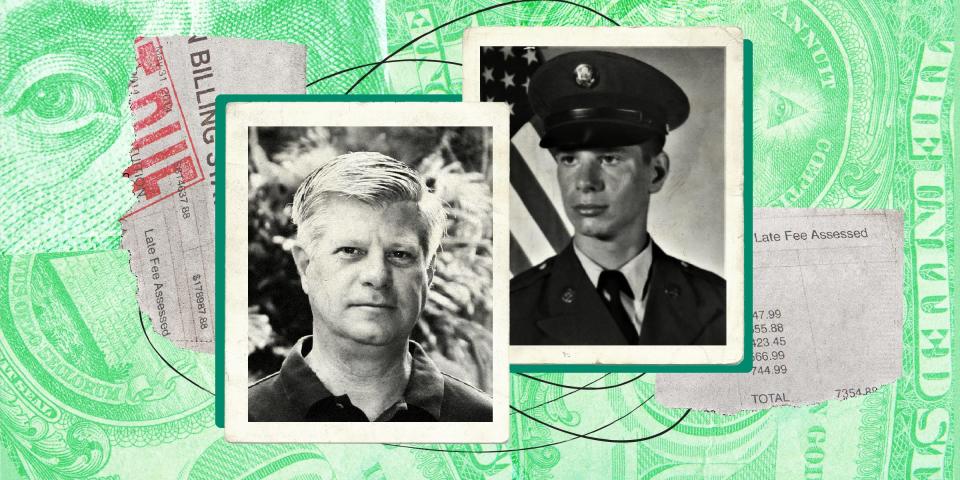 Present-day photograph of a man next to an photograph of him in the military, against a green background made up of collaged close-ups of a 100 dollar bill