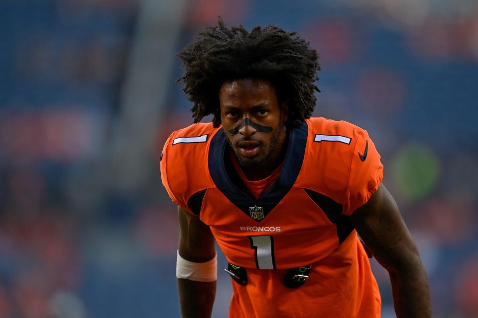 Wide receiver KJ Hamler #1 of the Denver Broncos warms up before a preseason game against the Minnesota Vikings on August 27, 2022 in Denver, Colorado.