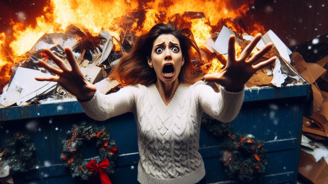 dumpster on fire with christmas wreaths on it and a woman running away from the scene looking distraught
