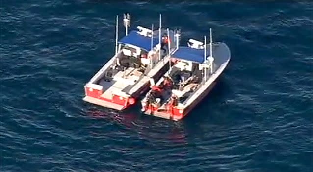 A flotilla of boats search for wreckage from two small planes that collided in midair and plunged into the ocean off of Los Angeles harbour. Photo: AP