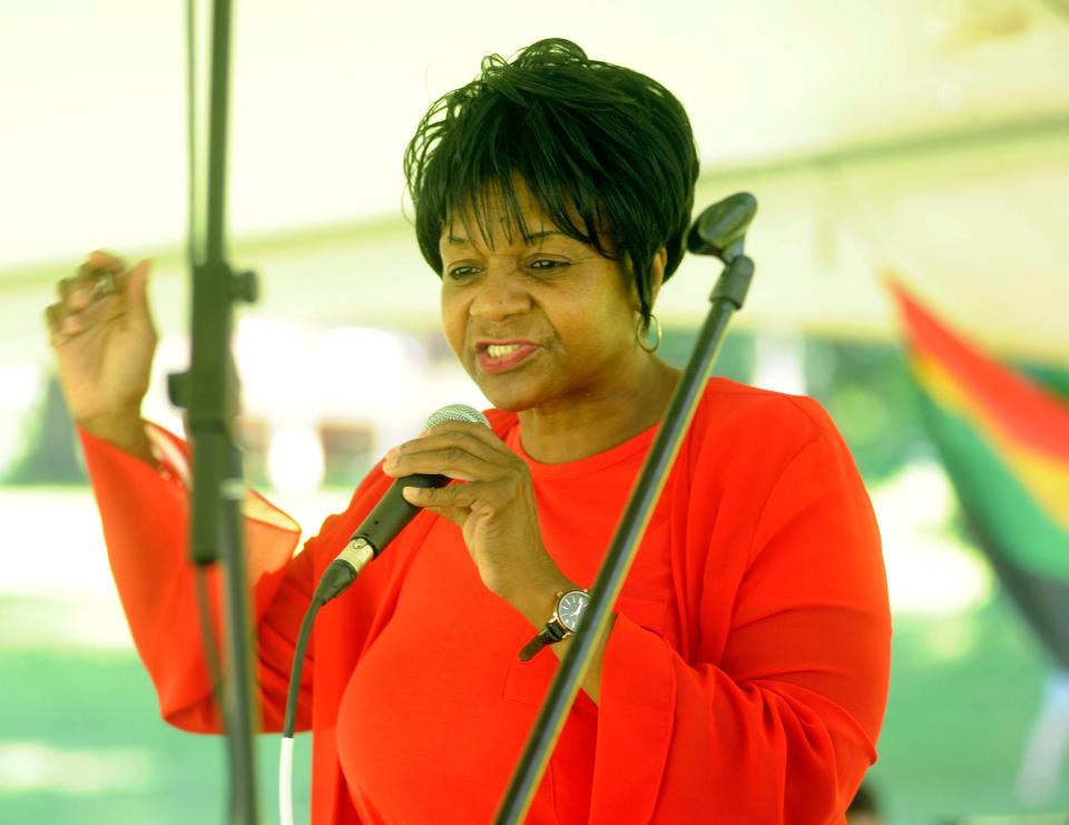 Barbara Walker of the Second Baptist Church of Doylestown performs at Sunday's Juneteenth celebration at the Mercer Museum in Doylestown Pa.