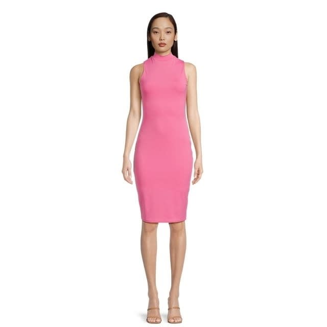 pink mockneck dress on model