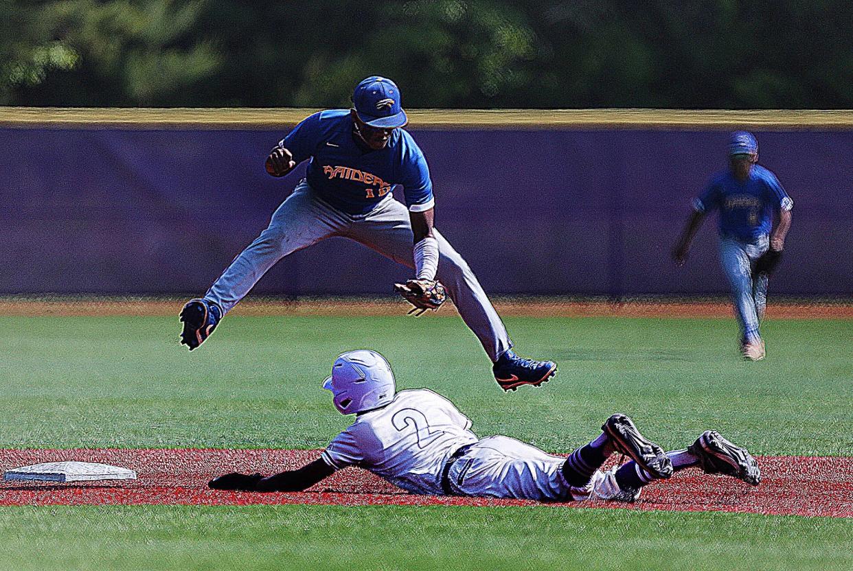 North Brunswick's Yomar Carreras applies the tag as Old Bridge's Thomas Papeo slides in during the Central Group 4 baseball final on June 2, 2023