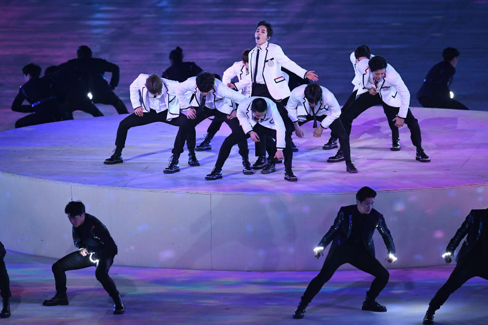 <p>Band EXO perform during the Closing Ceremony of the PyeongChang 2018 Winter Olympic Games at PyeongChang Olympic Stadium on February 25, 2018 in Pyeongchang-gun, South Korea. (Photo by David Ramos/Getty Images) </p>