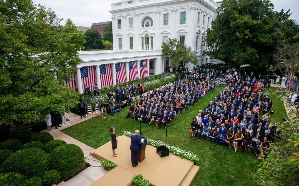 President Trump introduces Judge Amy Coney Barrett as his nominee to be an Associate Justice of the Supreme Court during a ceremony in the Rose Garden - Shutterstock