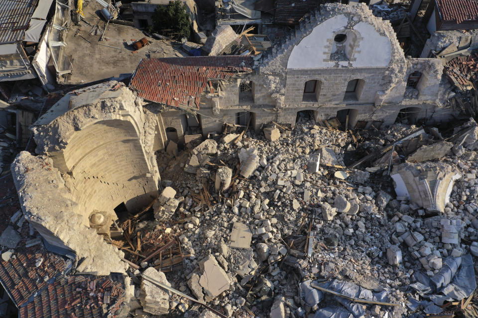 View of the Antioch Greek Orthodox Church which destroyed during the devastated earthquake, in the old city of Antakya, southern Turkey, Monday, Feb. 13, 2023. Antakya, known as Antioch in ancient times, has been destroyed many times by earthquakes. It was destroyed yet again by an earthquake earlier this month, and residents are wondering if its ancient glories will ever come back. (AP Photo/Hussein Malla)