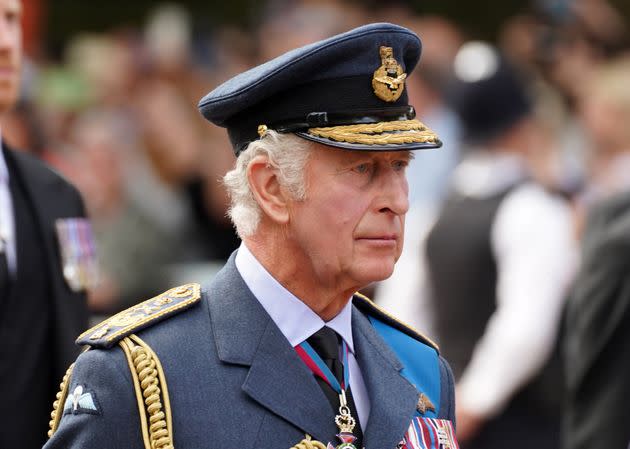 King Charles III follows the coffin of his mother Queen Elizabeth II, during the ceremonial procession from Buckingham Palace to Westminster Hall, London. (Photo: James Manning via PA Wire/PA Images)