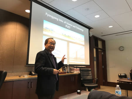 Yu-Taik Chon, executive vice president of Pyongyang University of Science & Technology, speaks at a meeting with Texas A&M University seeking academic cooperation in College Station,Texas, U.S., January 30, 2017. REUTERS/Jon Herskovitz