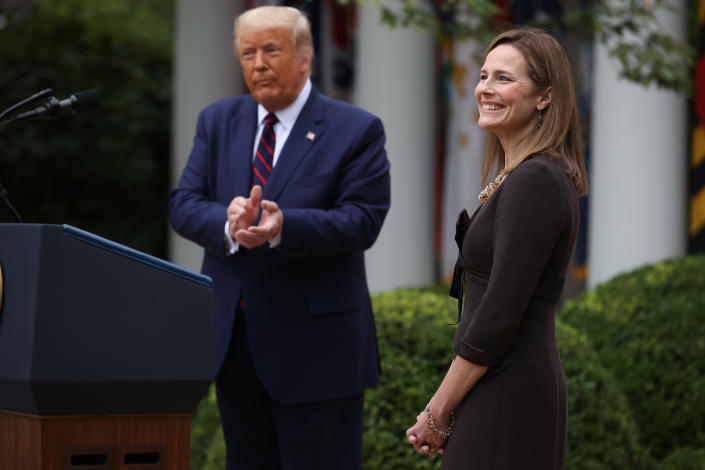 Seventh U.S. Circuit Court Judge Amy Coney Barrett smiles after U.S. President Donald Trump announced that she will be his nominee to the Supreme Court in the Rose Garden at the White House September 26, 2020 in Washington, DC. (Chip Somodevilla/Getty Images)