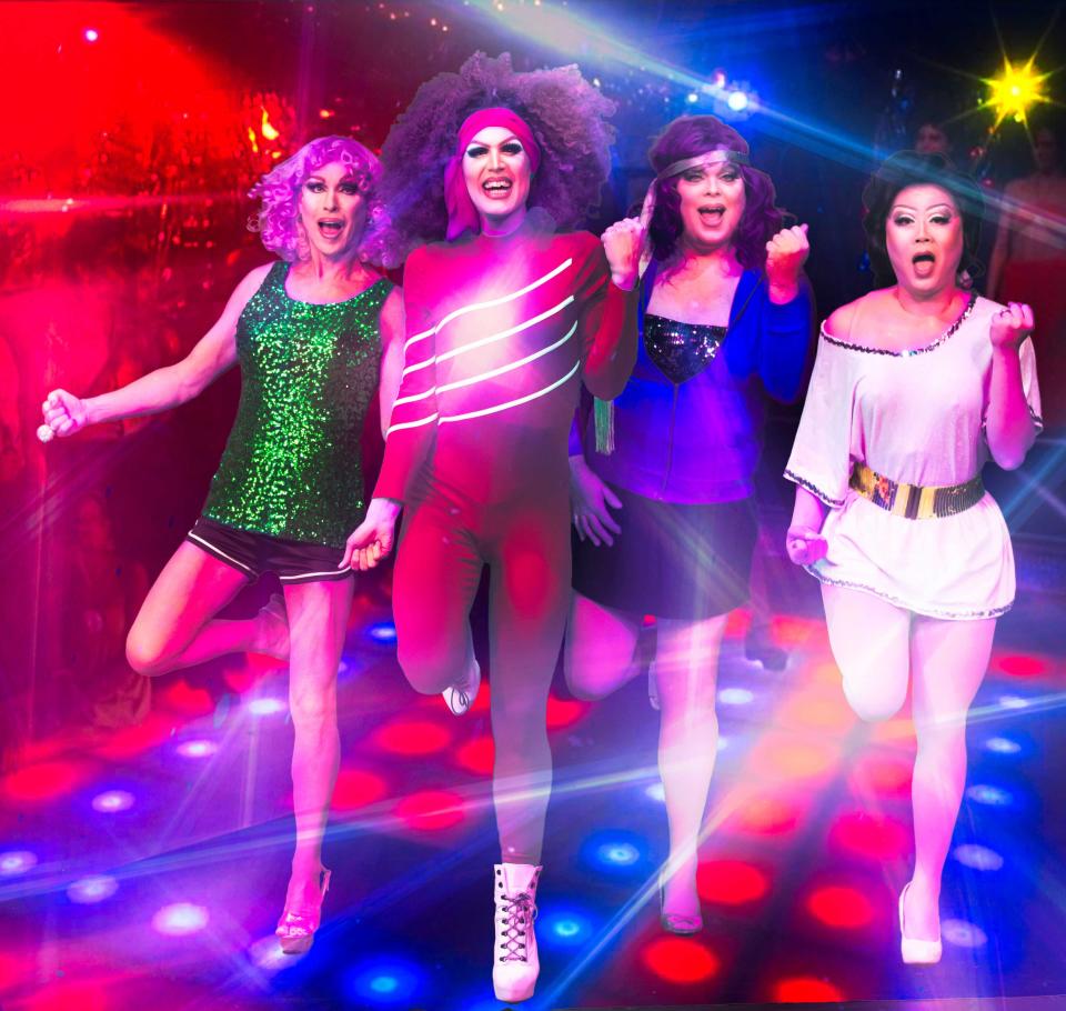 A promo image from "The Dragnificent 70's," performed by the cast of Friends of George's.