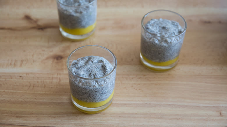 mango chia pudding in glasses 