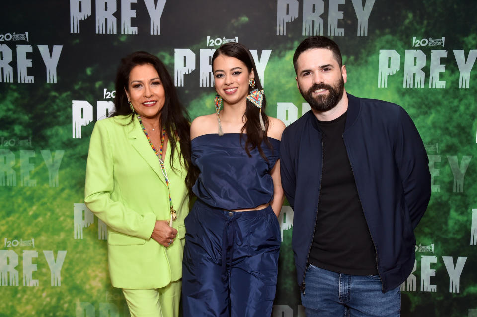 LOS ANGELES, CALIFORNIA - APRIL 22: (L-R) Jhane Myers, Amber Midthunder, and Dan Trachtenberg attend the  'Prey' FYC Event at Harmony Gold in Hollywood, California on April 22, 2023. (Photo by Alberto E. Rodriguez/Getty Images for 20th Century Studios)