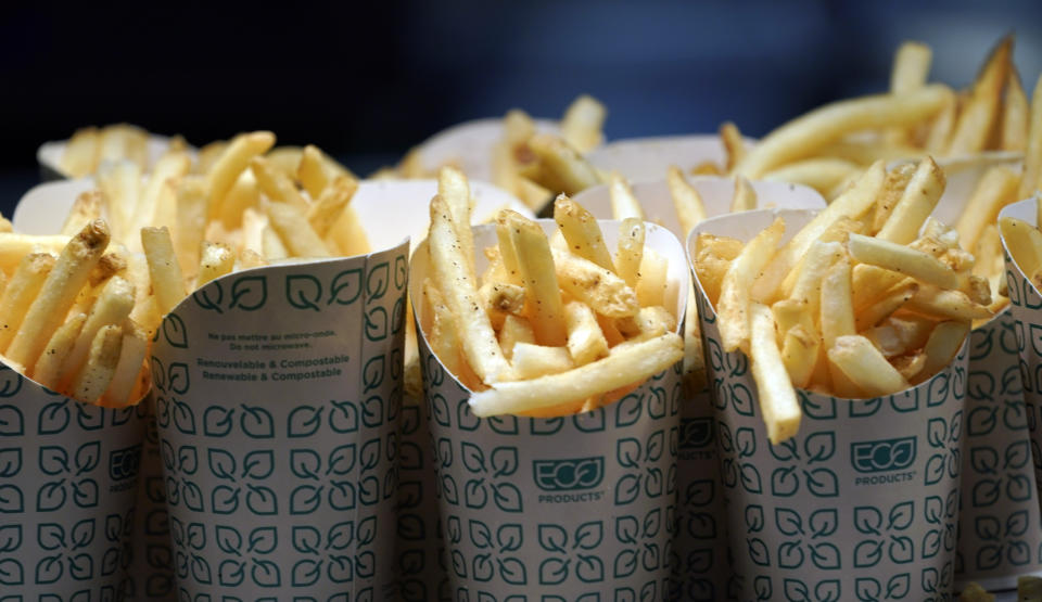 French fries wait to be served during a tour of Mercedes-Benz Stadium for the NFL Super Bowl 53 football game Tuesday, Jan. 29, 2019, in Atlanta. (AP Photo/David J. Phillip)