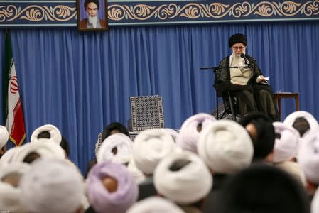 Iran's Supreme Leader Ayatollah Ali Khamenei speaks during ceremony attended by Iranian clerics in Tehran