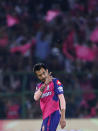 Rajasthan Royals' Yuzvendra Chahal celebrates the wicket of Gujarat Titans' captain Shubman Gill during the Indian Premier League cricket match between Gujarat Titans and Rajasthan Royals in Jaipur, India, Wednesday, April 10, 2024. (AP Photo/Surjeet Yadav)