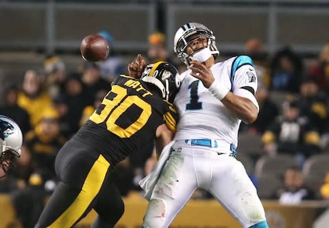 Pittsburgh Steelers outside linebacker T.J. Watt (90) causes Carolina Panthers quarterback Cam Newton (1) to fumble during the second quarter at Heinz Field - Credit: Charles LeClaire/USA Today