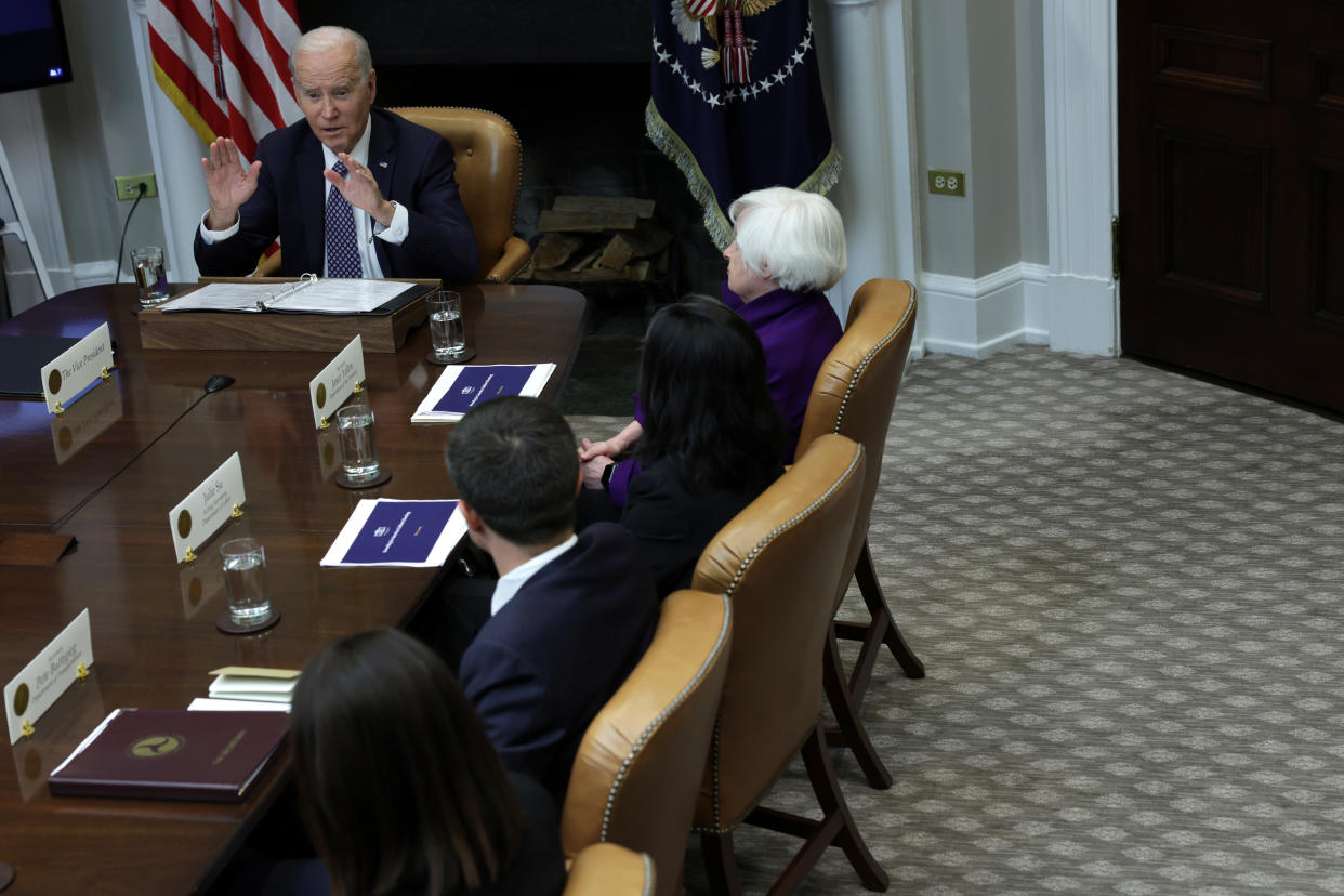 WASHINGTON, DC - MAY 05:  U.S. President Joe Biden speaks during a meeting with his Investing in America Cabinet at the Roosevelt Room of the White House on May 5, 2023 in Washington, DC. President Biden held the meeting to discuss “how his Investing in America agenda is unleashing private sector investments, revitalizing American manufacturing, creating good-paying jobs and rebuilding the economy from the middle out and the bottom up.” (Photo by Alex Wong/Getty Images)