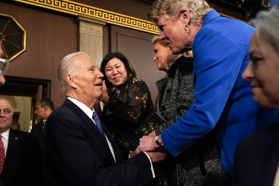 President Joe Biden greets Rep. Julia Brownley, D-Calif., as he arrives to delivers the State of the Union address to a joint session of Congress at the Capitol, Tuesday, Feb. 7 2023, in Washington. (Jacquelyn Martin, Pool)