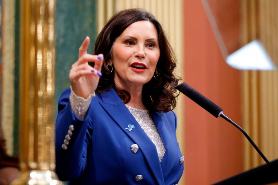 PHOTO: Michigan Gov. Gretchen Whitmer delivers her State of the State address, Jan. 24, 2024, at the state Capitol in Lansing, Mich. (Al Goldis/AP)