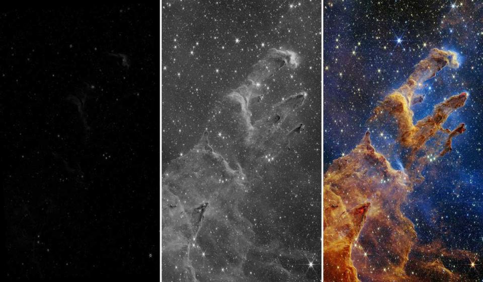 Webb’s raw telescope images initially appear almost completely black (left). They are initially transformed by image processors into crisp black-and-white images (center) and then full-color composites (right). <em>Credit: <u>JWST</u></em>