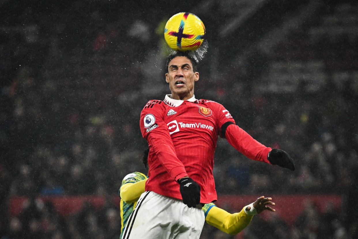 Manchester United's French defender Raphael Varane  during the English Premier League football match between Manchester United and Nottingham Forest at Old Trafford in Manchester, north west England, on December 27, 2022. (Photo by Oli SCARFF / AFP) / RESTRICTED TO EDITORIAL USE. No use with unauthorized audio, video, data, fixture lists, club/league logos or 'live' services. Online in-match use limited to 120 images. An additional 40 images may be used in extra time. No video emulation. Social media in-match use limited to 120 images. An additional 40 images may be used in extra time. No use in betting publications, games or single club/league/player publications. /